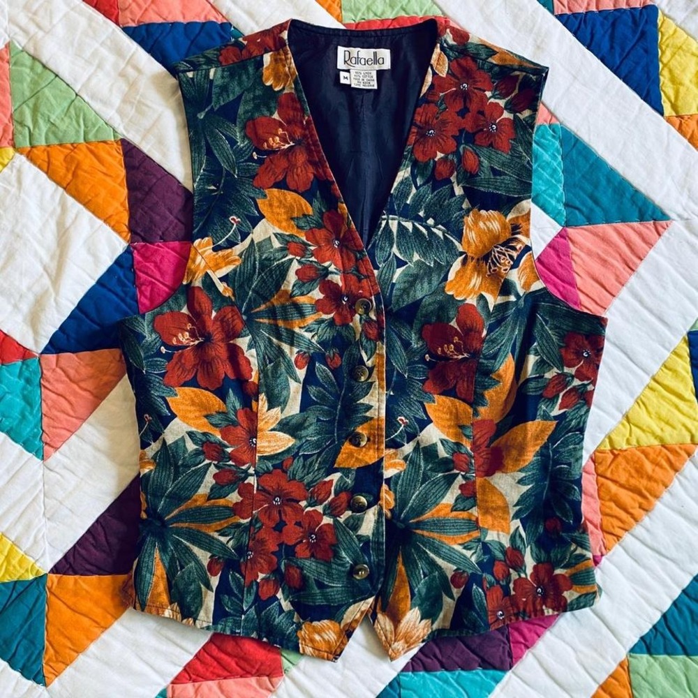 Linen cotton blend tropical autumn Floral‎ vest